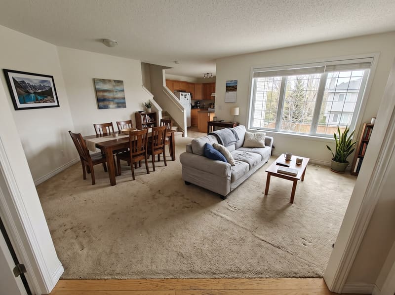 Before: open living and dining room with worn beige carpet