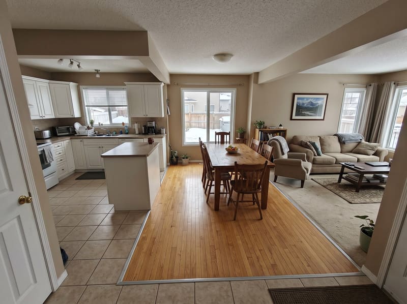 Before: open-plan main floor with three different floors
