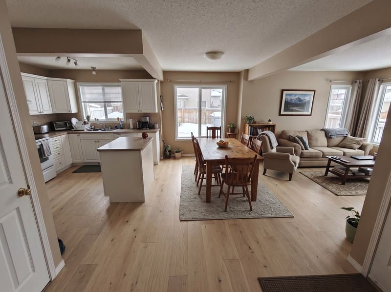 After: the same open-plan main floor with White Oak, natural hardwood, rendered by the Flooring Local visualizer