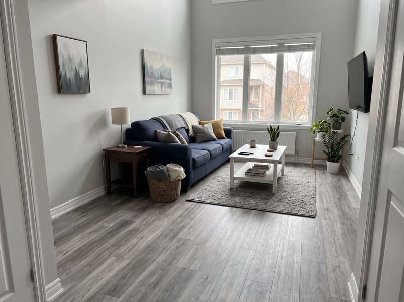 Before: living room with grey vinyl with cool grey vinyl plank