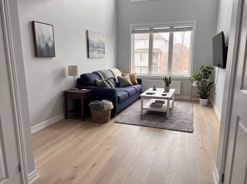 After: the same living room with grey vinyl with White Oak, natural hardwood, rendered by the Flooring Local visualizer