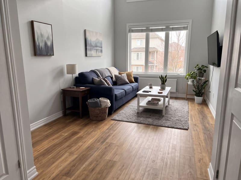 After: the same living room with grey vinyl with Honey Oak vinyl plank, rendered by the Flooring Local visualizer