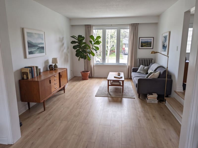 Light floor: the same living room with north light with Natural Oak laminate, rendered by the Flooring Local visualizer