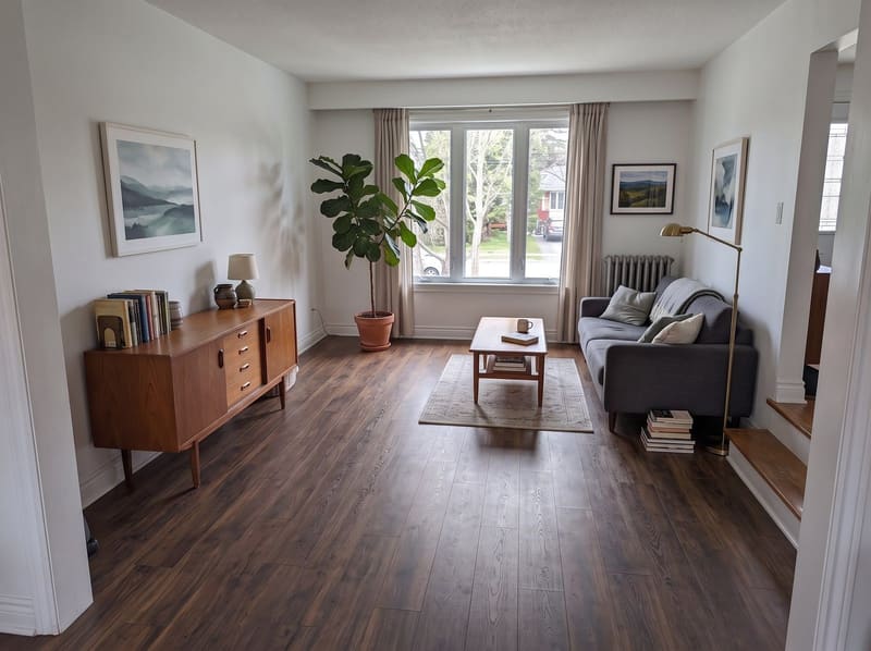 Dark floor: the same living room with north light with Dark Walnut vinyl plank, rendered by the Flooring Local visualizer