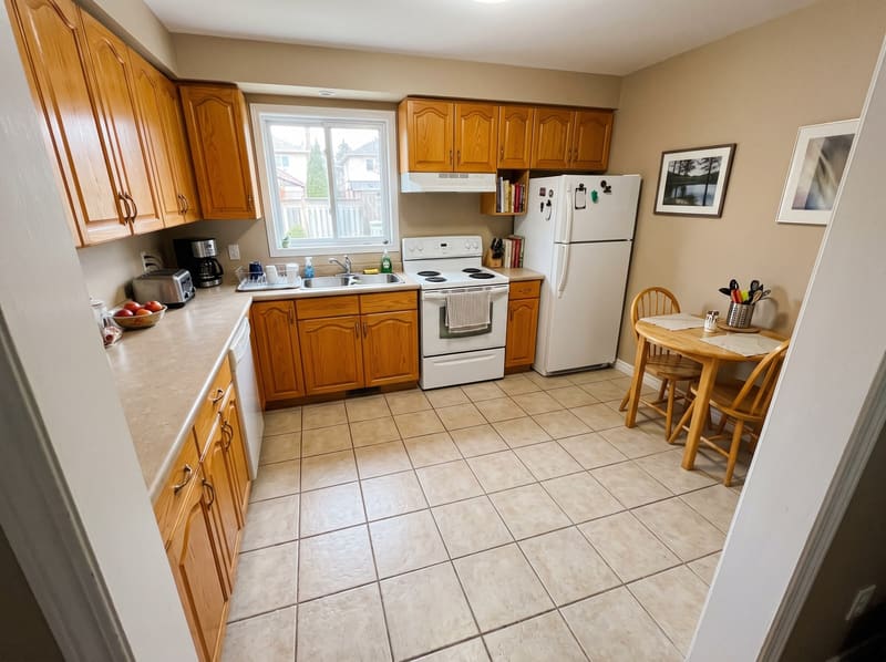 Before: kitchen with honey oak cabinets with dated beige ceramic tile