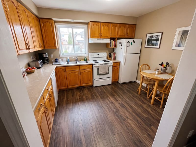 After: the same kitchen with honey oak cabinets with Dark Walnut vinyl plank, rendered by the Flooring Local visualizer