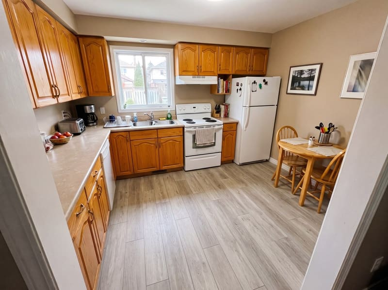 After: the same kitchen with honey oak cabinets with Greige Oak vinyl plank, rendered by the Flooring Local visualizer