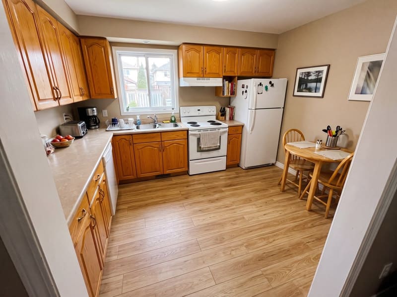 After: the same kitchen with honey oak cabinets with Honey Oak vinyl plank, rendered by the Flooring Local visualizer