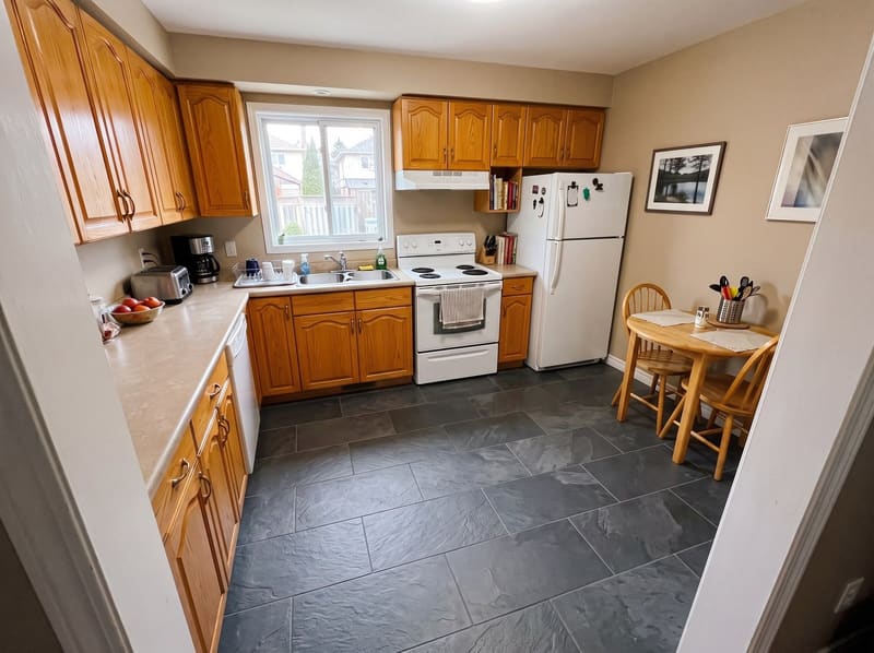 After: the same kitchen with honey oak cabinets with Charcoal Slate tile, rendered by the Flooring Local visualizer
